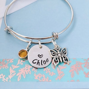 Personalized Butterfly Charm Bracelet: Swarovski Crystal, Name Disc