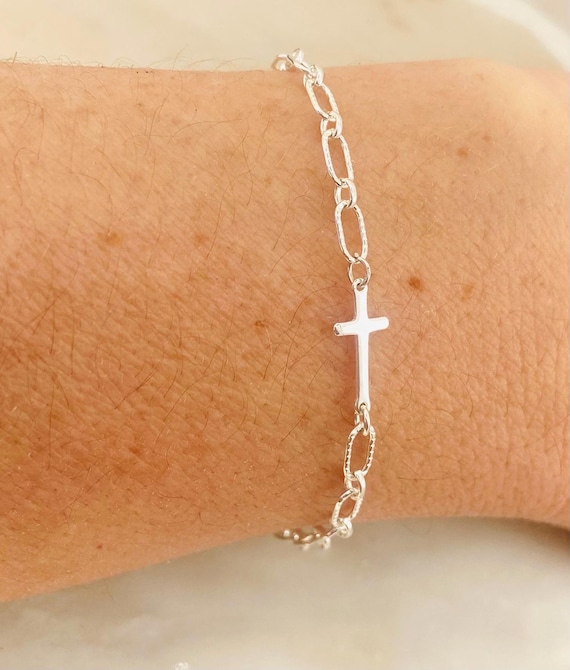 Sterling Silver Cross Bracelet, Sideways Cross, Simple Cross