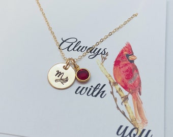 Hand Stamped Cardinal Necklace: 14k Gold Filled Initial Disc, Memorial Jewelry