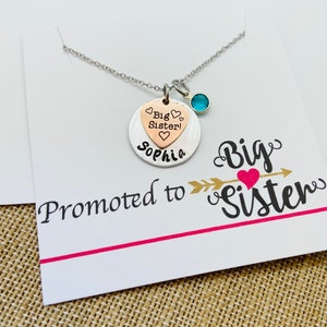 Personalized Big Sister Necklace: Hand Stamped Name & Birthstone Charm
