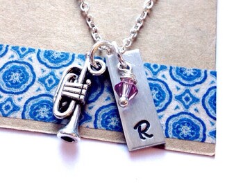 Trumpet Necklace, Trumpet Initial necklace, trumpet charm, trumpet charm necklace, trumpet player, gift for musician