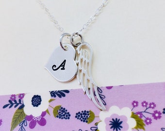 Angel Wing Initial Necklace, Loss of Loved one, Guardian Angel Wing Necklace, Personalized Wing Necklace, Memorial Gift