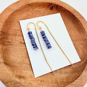 Blue Kyanite Threader Earrings in 14k Gold Fill, Faceted Gemstone Ear Threads, Dainty Boho Blue Earrings, Dainty