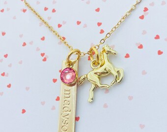 Personalized Horse Necklace: Gold Name Tag, Crystal Charm