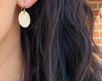 14k Gold Filled Hammered Disc Earrings: Simple Oval French Hook
