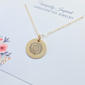 14K Gold Filled Sunflower Necklace: Hand Stamped Flower Pendant