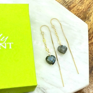 Labradorite Threader Earrings, 14k Gold Filled Gemstone Threader Earrings,  Front-Back Earrings, Labradorite Heart Drop Earrings