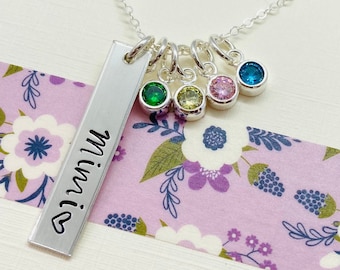 Sterling Silver Grandma Necklace with Birthstones, Personalized Mimi Necklace, Mimi Bar Necklace