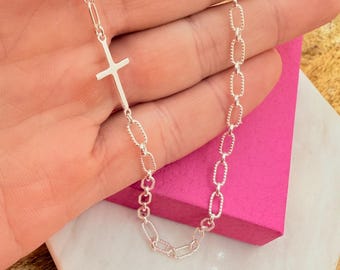 Sideways Sterling Silver Cross Necklace, Long Short Chain