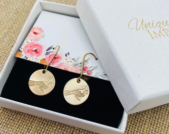 Gold Filled Cardinal Earrings: Stamped Bird Leverback Jewelry