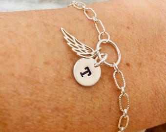 Sterling Silver Wing Initial Bracelet: Memorial Gift