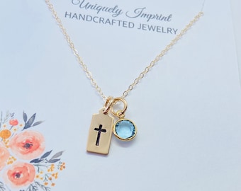 Gold Cross Necklace, Tiny Cross Necklace, 14k Gold filled Cross with Birthstone