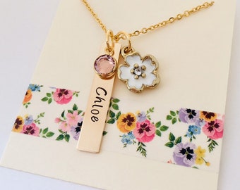 Personalized Name Necklace, Flower Necklace, Gold Little Girls Name Necklace