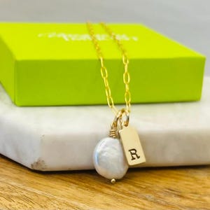 Pearl Necklace with Initial, Freshwater Coin Pearl Necklace, Initial and Pearl Necklace, Mini Paperclip Chain, 14k Gold Filled
