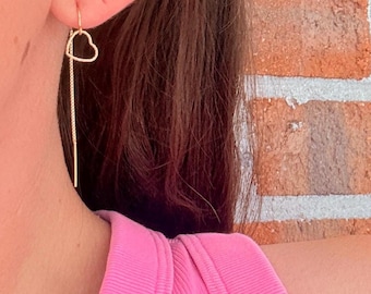 Gold Heart Threader Earrings, Long Dangle Drop Earrings, Minimalist Threader Jewelry, Heart Dainty Chain Earrings, 14k Gold Filled