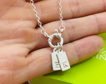 Custom Initial Charm Holder Necklace, Silver Ring Pendant with Letter Tags, All Sterling Silver