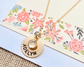 Gold Name Necklace, New Mom Birthstone Necklace, Name Birthstone Necklace