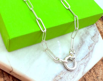Sterling Silver Paperclip Chain Necklace, Sailors Clasp