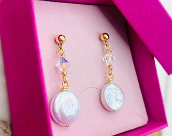 Freshwater Pearl & Crystal Stud Earrings, 14k Gold Filled, Pearl Drop Earrings