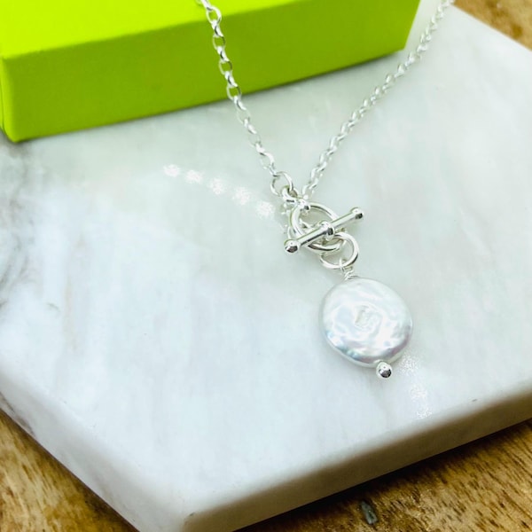 Sterling Silver Pearl Toggle Necklace: Freshwater Coin Pearl