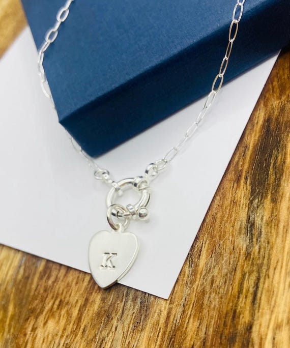 Sterling Silver Initial Heart Pentant Necklace, Bolt Clasp Paperclip Chain