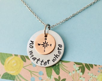 No Matter Where Necklace, Hand Stamped Sisters Necklace, Best Friends Necklace, Mother and Daughter Necklace