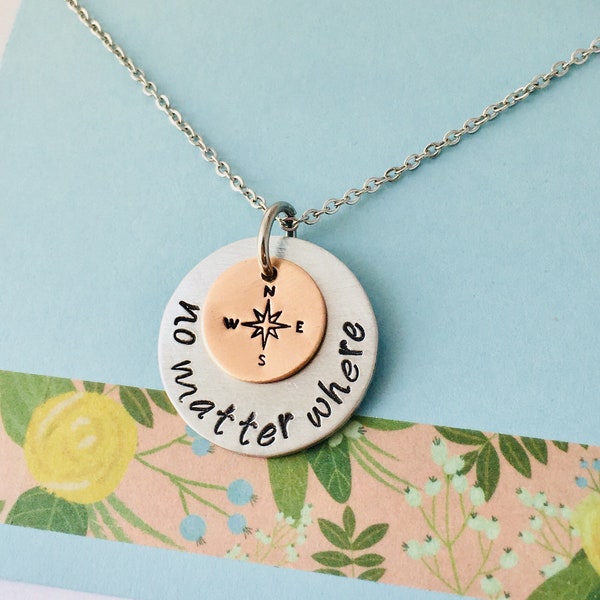 No Matter Where Necklace, Hand Stamped Sisters Necklace, Best Friends Necklace, Mother and Daughter Necklace