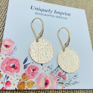Gold Disc Hammered Earrings, Simple Gold Disc Earrings, Gold Coin Dangle Earrings, Gold Circle Earrings, 14k Gold Filled Lever Back