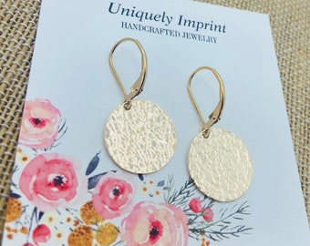 14k Gold Filled Hammered Disc Earrings: Simple Dangle Lever Back