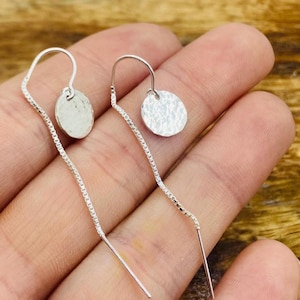 Hammered Sterling Silver Threader Earrings: Dainty Disc Drop
