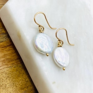 14k Gold Filled Coin Pearl Earrings: Freshwater Dangle Earrings