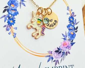Personalized Unicorn Necklace, Name & Birthstone Charm