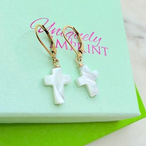 Mother of Pearl Cross Earrings, Gold Leverback Dangle Earrings, White Shell Cross Jewelry, Christian Gift for Her