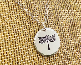 Sterling Silver Dragonfly Necklace: Hammered Edge Pendant, New Beginnings