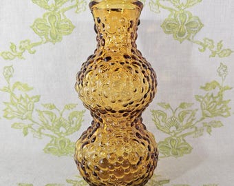Vintage Rossini Italian Amber Bubble Glass Hourglass Shaped Vase Bottle Mid Century Empoli Italy