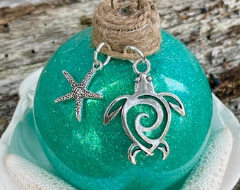 Sea Turtle Beach Glittered Ornament Glass