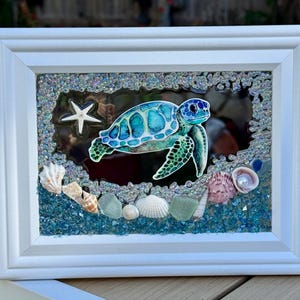 Marco de playa de vidrio marino con concha de tortuga marina