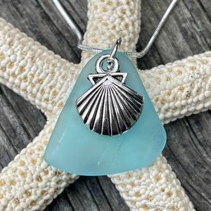 Seaglass Seashell Scallop Necklace Aqua