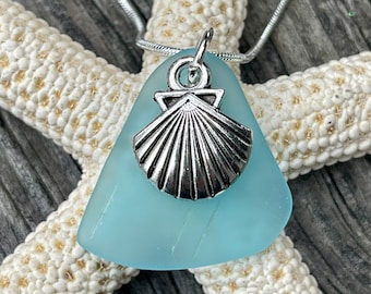 Seaglass Seashell Scallop Necklace Aqua