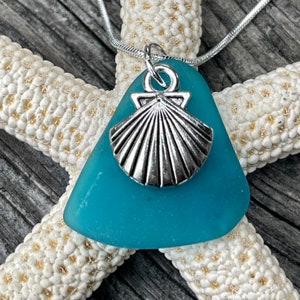 Seaglass Seashell Scallop Necklace Teal