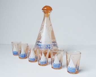 Yacht Decanter & Shot Glasses Vintage Amber Glass Retro Sailing Seaside Boating Nautical Theme 1950s Or Art Deco French