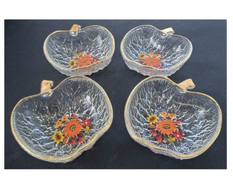Apple Dessert Bowls Mid Century Serving Dishes 1970s Textured Glass Floral Design Gilt Edges