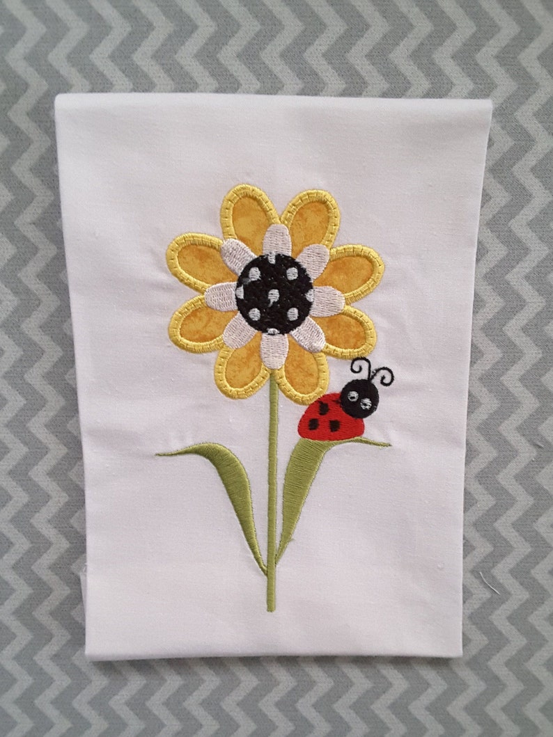 Applique Embroidery Machine Design Daisy Flower Ladybird image 1