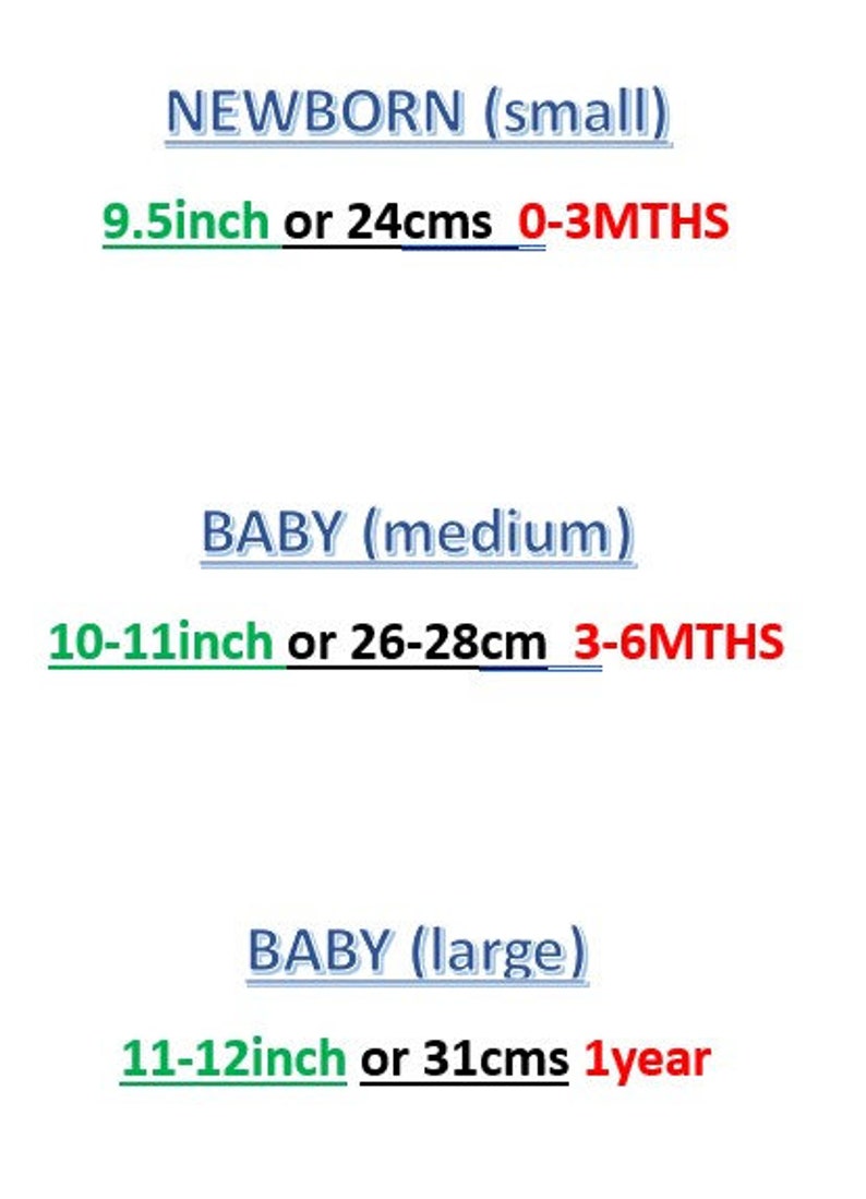 Op de afbeelding: Een grafiek met de maten voor pasgeborenen, baby's en peuters in inches en centimeters. De maat voor pasgeborenen is 9,5 inch of 24 centimeter, de maat voor baby's is 10-11 inch of 26-28 centimeter, en de maat voor peuters is 11-12 inch of 31 centimeter.