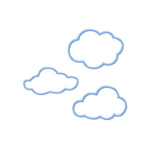May include: Three blue outlined clouds on a white background. The clouds are simple and stylized.