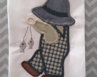 Machine Embroidery Appliqued Boy Sunbonnet Going Fishing