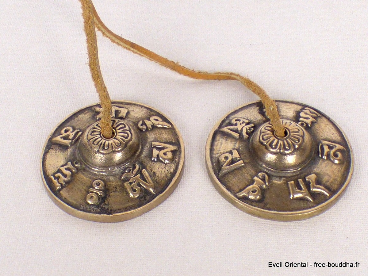 Tingshas Tibetaines en Bronze 6, 5 cm Chenrezi, Tinghas Bouddhiste Ceremonie Temple Rituel Tibetain 