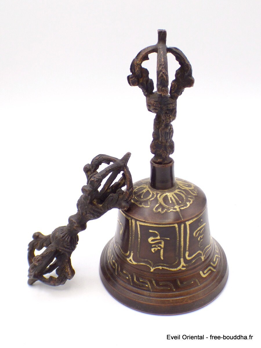 Cloche Tibétain et Dorje 12, 5 cm en Bronze Patine Or, Clo7
