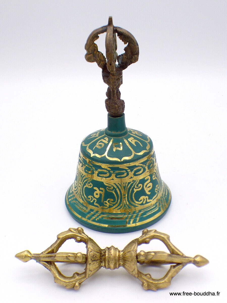 Cloche Tibétaine et Dorjé Vert en Bronze 15 cm, Etch2