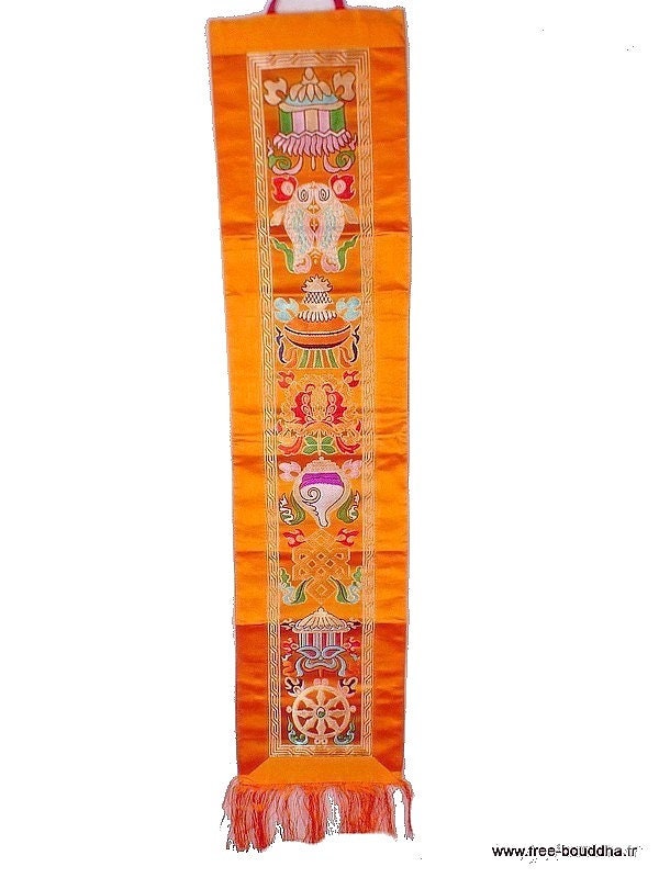 Tenture Bouddhiste Tissée 8 Signes Auspicieux Orange Haute Qualité, Hqten4
